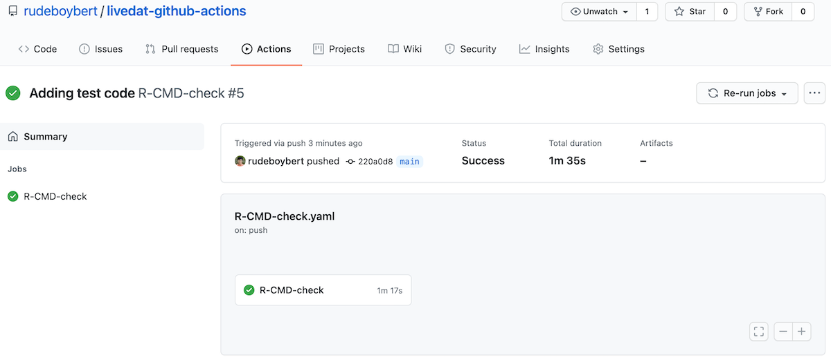 Screenshot of GitHub Actions passing