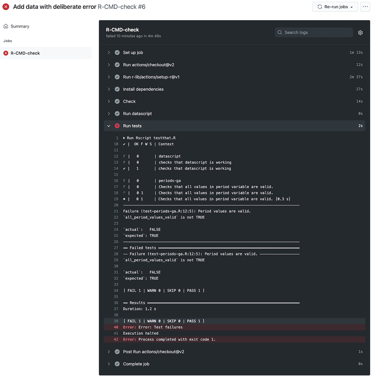 Screenshot of failed GitHub Actions log