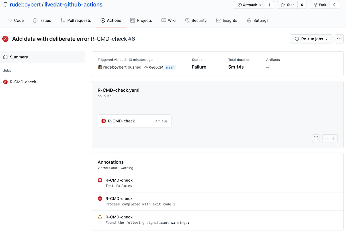 Screenshot of failed GitHub Actions log