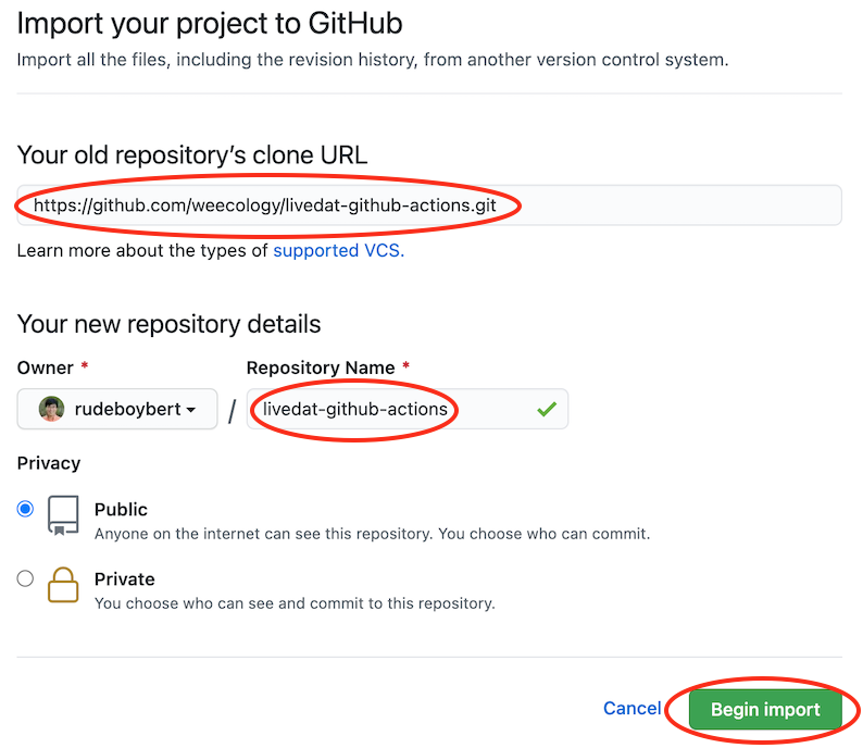 Screenshot of GitHub import page