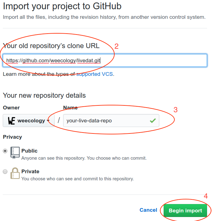 Screenshot of GitHub import page