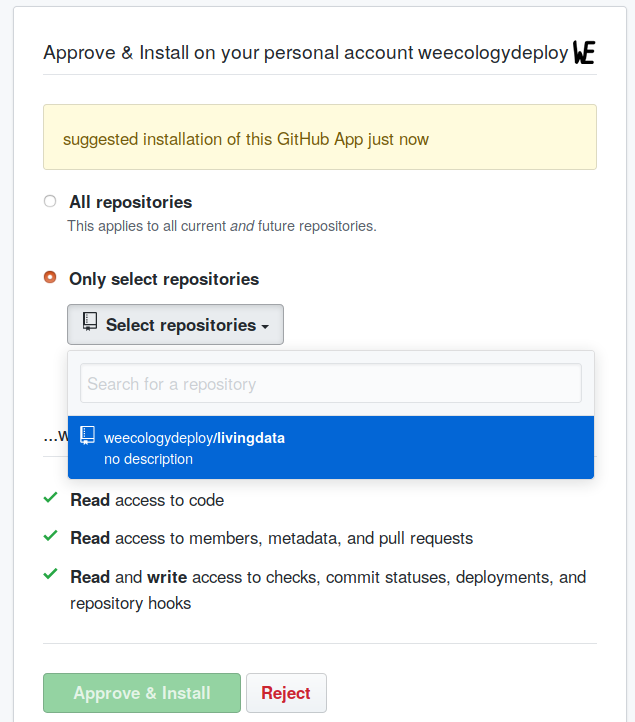Screenshot of selecting repository
